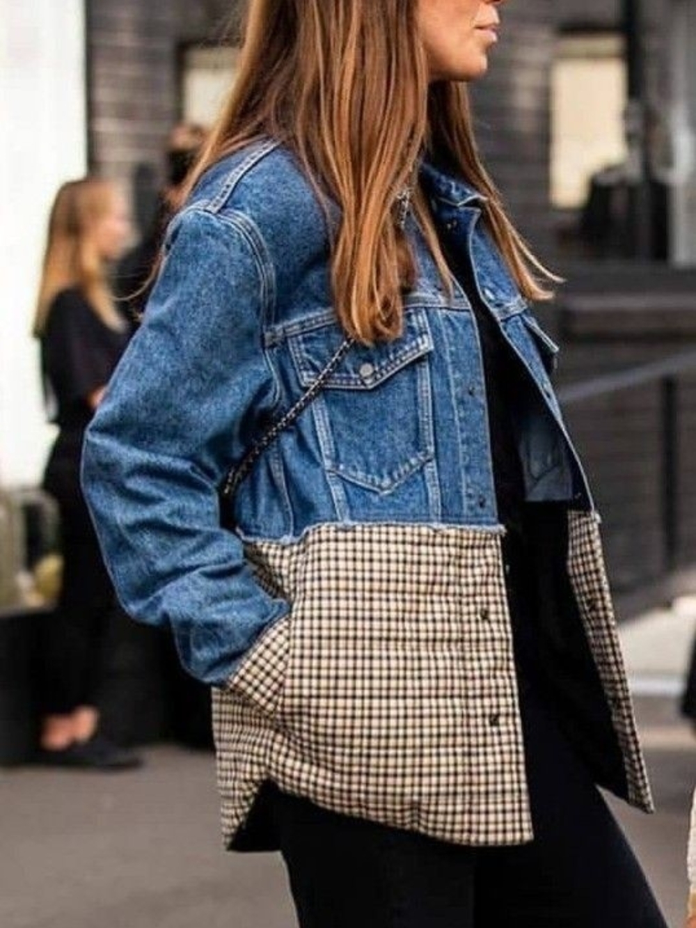SANDRO PARIS Blue Denim and Beige Plaid Panel Two-Tone Jacket